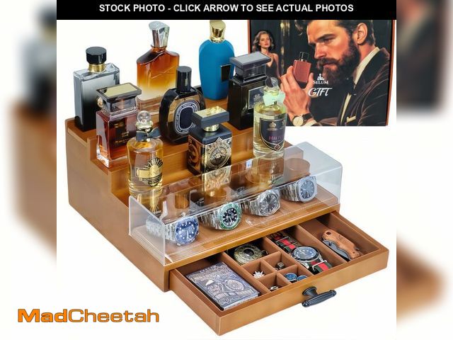 Lot 74-14152680 - SeLuM Cologne and Watch Organizer Walnut Brown Ã¢â¬â Wooden Perfume Display Stand with Jewelry St...