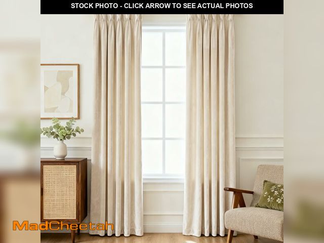 Lot 74-14303191 - Triple Pinch Pleat Cream Velvet Curtains 96 inches Long Living Room Darkening Curtain Neutral Modern...