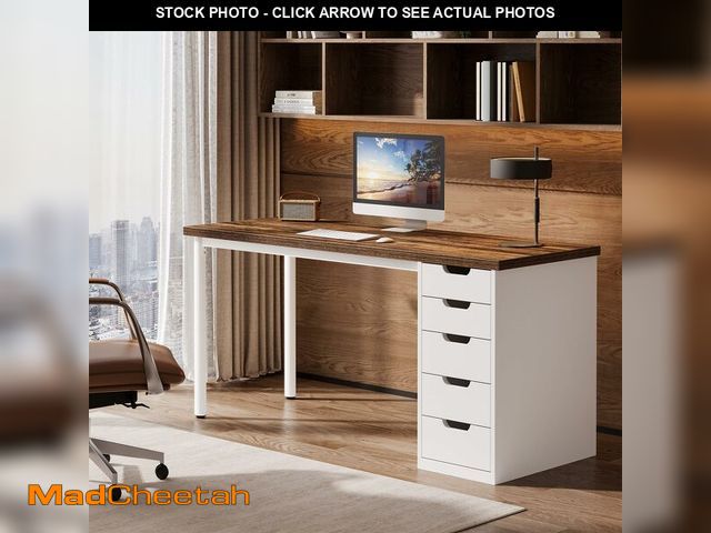 Lot 74-13092289 - Tribesigns Modern Simple Computer Desk, 47 Inches PC Desk with 5 Reversible Drawers, Rustic Brown St...