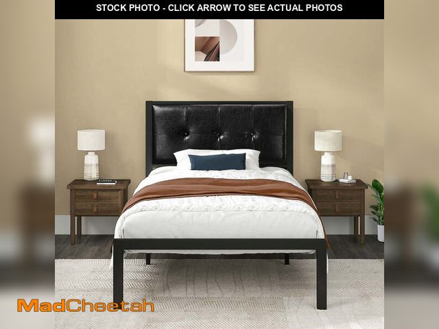 Lot 74-13045414 - (MISSING HARDWARE) Allewie Twin Size Metal Platform Bed Frame with Faux Leather Button Tufted Headbo...