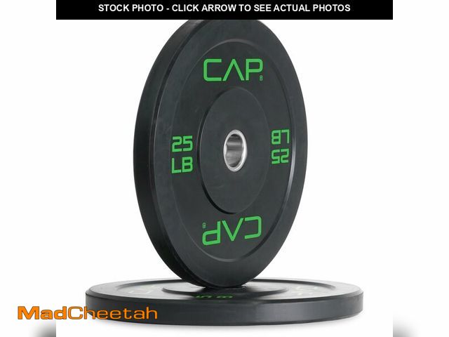 Lot 74-12571845 - CAP Barbell Economy Olympic Bumper Plate Set with Green Logo, Black, 25 lb Pair - UNUSED