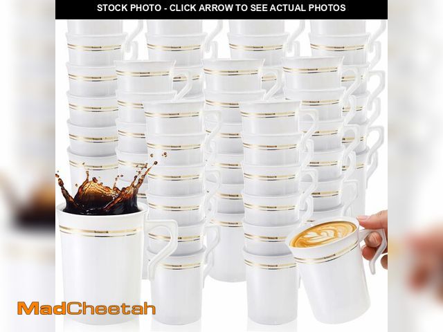 Lot 74-14215537 - YIMITEE 48 Pack Disposable Coffee Mugs with Handle, 8 OZ Heavyweight Gold Rimmed Tea Cups, Plastic H...