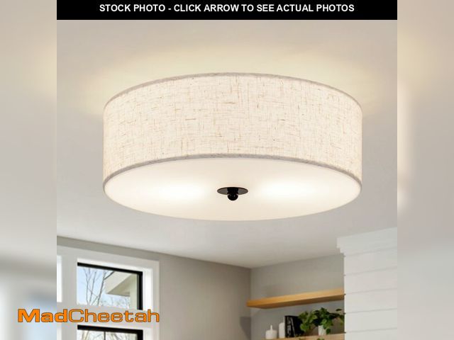 Lot 74-12451712 - CALOKES Flush Mount Ceiling Light Fixture, 13" Close to Ceiling Light with Beige Fabric Linen Drum S...