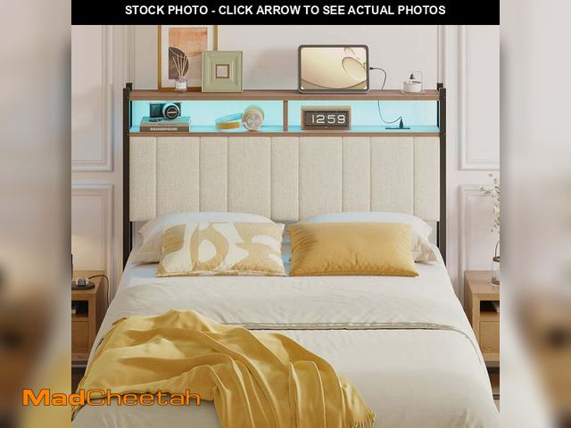 Lot 74-12550465 - Pinmoco Upholstered Headboard for Full Bed with Storage, Linen Head Board with LED Light and Chargin...