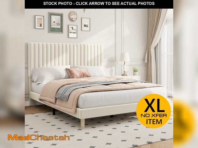 Lot 74-13789314 - (MISSING HARDWARE) Garvee Queen Size Velvet Upholstered Bed Frame Adjustable Height Headboard Beige ...