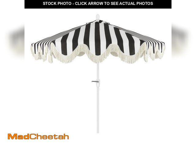 Lot 74-14244306 - JONATHAN Y Collins 9 ft. Classic Cottage Fringe Tassel Market Patio Umbrella in Black and White Stri...