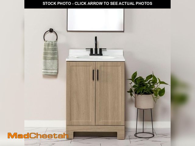 Lot 74-13511804 - Glacier Bay Oakley 25 in. Single Sink Beige Oak Bath Vanity with White Cultured Marble Top (Assemble...