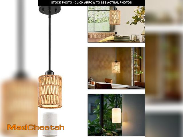 Lot 74-12330221 - OUVR Pendant Light Boho Hanging Lamp, Rattan Hanging Lights with 2 in 1 Linen &amp; Woven Shade, Cei...