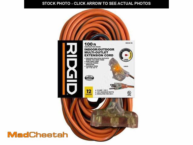 Lot 74-14114045 - RIDGID 100 ft. 12/3 Heavy Duty Indoor/Outdoor Extension Cord with Tritap Lighted End, Orange/Grey - ...