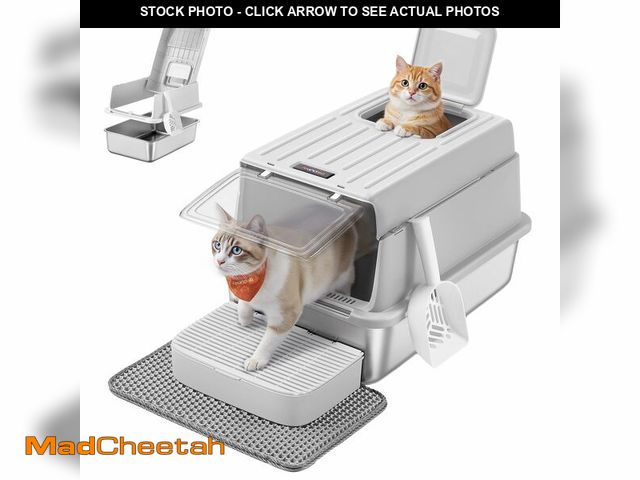 Lot 74-13802543 - Feandrea Stainless Steel Cat Litter Box with Flip Lid, Litter Catcher Mat and Box, 2 Doors, Scoop, f...