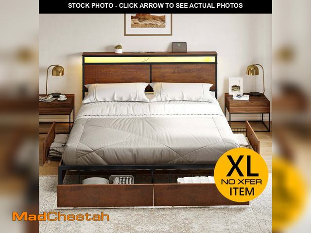Lot 74-13640494 - GUNAITO Full Size Bed Frame with Headboard and 4 Storage Drawers LED Bed Frame with USB Ports &amp; ...