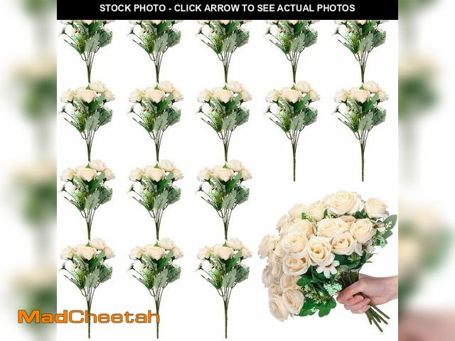 Lot 74-14352489 - Jexine 16 Pack Artificial Roses Flower Bouquets Silk Fake Cream Flowers Bulk for Bridesmaid Bridal W...