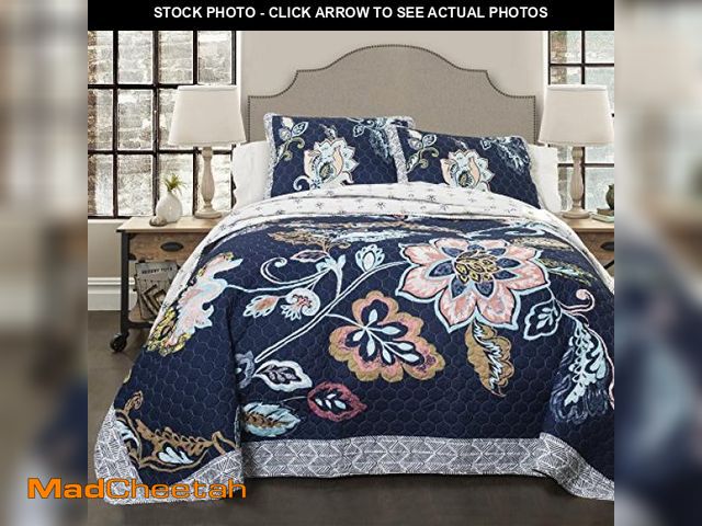 Lot 74-12366159 - Lush Decor Aster Quilt Flower Pattern Reversible 3 Piece Lightweight Bedding Set, Navy, Full/Queen -...