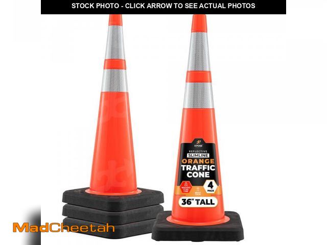 Lot 74-12489554 - Xpose Safety 36 Inch Orange Slim Line Traffic Cones Heavy Duty 12lb with 6" &amp; 4" Collars, 4 Pack...