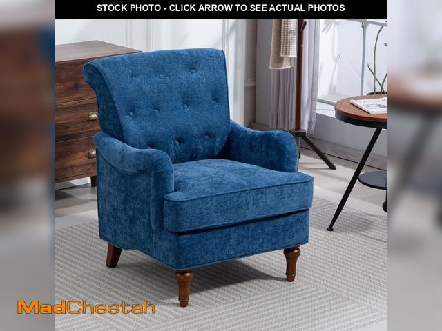 Lot 74-14468382 - Noble House Maverick Blue Upholstered Chenille Club Chair with Button Tufting, Rubberwood 125094 - U...