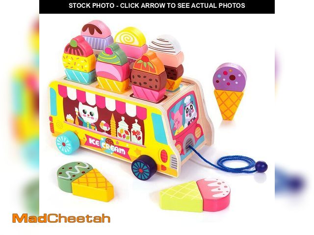 Lot 74-12701566 - HELLOWOOD Wooden Ice Cream Truck, 28 pcs Magnetic Ice Cream Sweet Treats Pretend Play Food &amp; Acc...