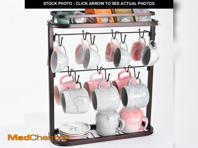Lot 74-12305735 - Double-Side Metal Mug Holder - 2 Tier, Holds 14 Mugs, Counter Coffee Cup Organizer with Storage Shel...