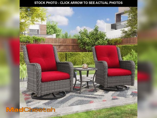 Lot 74-12409871 - JOYSIDE 3-Piece Wicker Swivel Outdoor Rocking Chairs Patio Conversation Set with Red Cushions - UNUS...