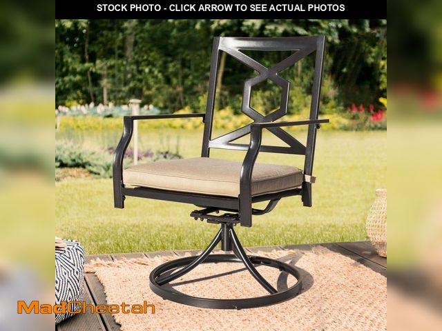Lot 74-14223713 - Nuu Garden Black Metal Outdoor Dining Chairs with Swivel Design and Beige Olefin Cushions (2-Pack) -...