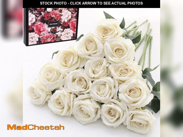 Lot 74-12214455 - Cloudecor 15Pcs White Roses Artificial Flowers Fake Roses Long Stem Velet Rose Silk Flowers for Home...