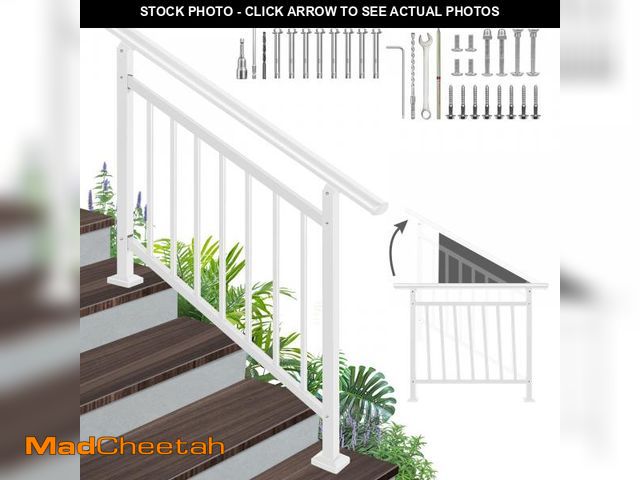 Lot 74-12489874 - Adjustable Handrails for Outdoor Steps Ã¢â¬â White Metal Stair Railing with Installation Kit, Out...