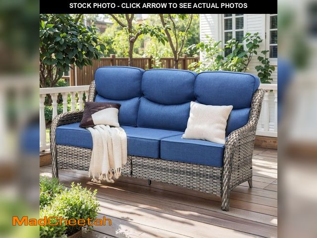 Lot 74-14593415 - moosprr MoonLuxe 3-Seat Gray PE Wicker Outdoor Couch with 6 in. Olefin Navy Blue Cushions/Patio Sofa...