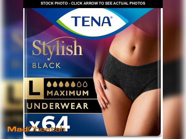 Lot 74-14305238 - Tena Stylish Black Incontinence Underwear for Women, Maximum Absorbency, Adult Diapers, Large (Waist...