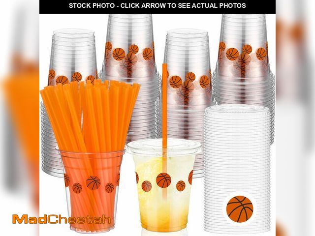 Lot 74-13567037 - Blushtier 100 Set 12oz Disposable Basketball Plastic Cups with Lid and Straw Clear Basketball Party ...