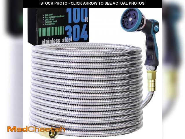 Lot 74-12051258 - Numwot 100FT 5/8'' Garden Hose, 304 Stainless Steel Water Hose, Flexible with a 10-Mode Nozzle Spray...