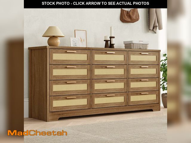 Lot 74-12693712 - GarveeHome 12 Drawer Dresser for Bedroom, Modern Farmhouse Rattan Chest of Drawers, Wood Dresser for...
