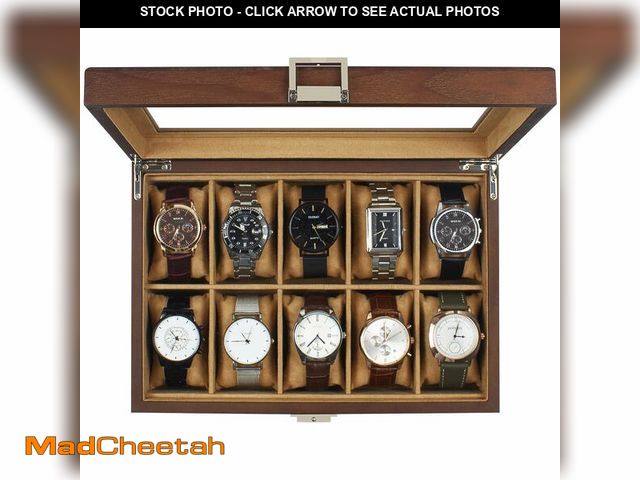 Lot 74-12712505 - GUKA Watch Box, 10 Slot Watch Case with Real Glass Lid, Wood Watch Display Case with Cloth Watch Pil...