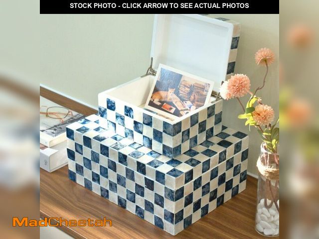 Lot 74-14295664 - Chi An Home 12", 8" Capiz Inlaid Boxes with Lids, Navy Blue Capiz Shells Checkered Decorative Storag...
