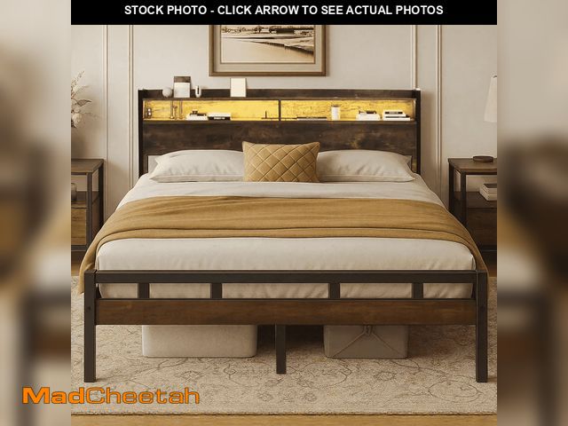 Lot 74-12668445 - Queen Bed Frame with Storage Headboard, LED Lights and USB Charging Station, Metal Bed Frame, Rustic...