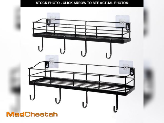 Lot 74-12309712 - Lyeasw Black Floating Shelves Wall Mounted with 8 Removable Hanging Hooks, 15-Inch Adhesive Shower S...
