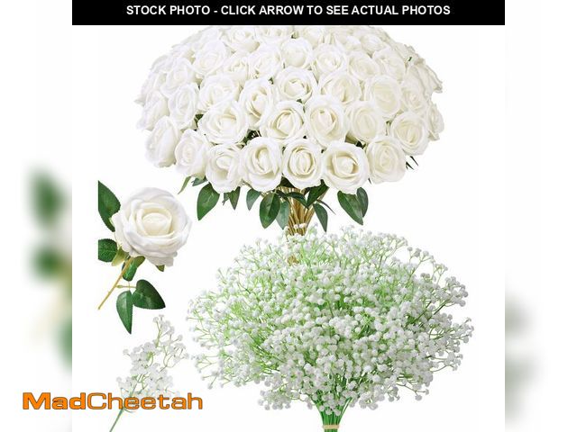 Lot 74-14298142 - HyeFlora 35 PCS Artificial White Roses with 15 PCS Fake Baby Breath Realistic Fake Flowers Bouquet w...