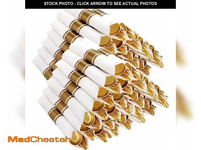 Lot 74-14210144 - Joyido 400PCS Pre Rolled Gold Plastic Silverware Sets - Heavy Duty Gold Cutlery - Include 100 Pack W...