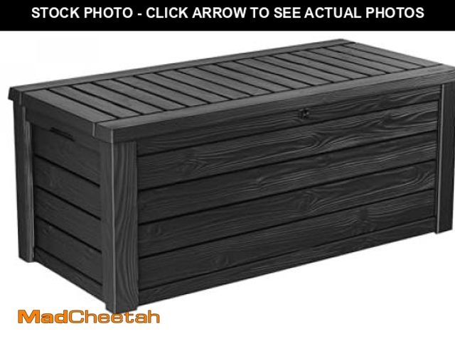 Lot 74-12210080 - Keter Outdoor Storage Deck Box, for Patio, Backyard &amp; Garden, Westwood, 150 Gal, Dark Grey - Loc...