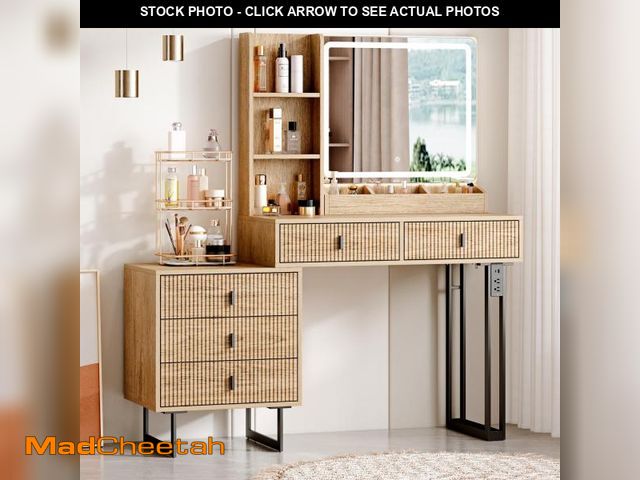 Lot 74-12415589 - Large Vanity Desk with 3 Color Touch Screen Dimming Mirror, Vanity Desk with Charging Station, Moder...