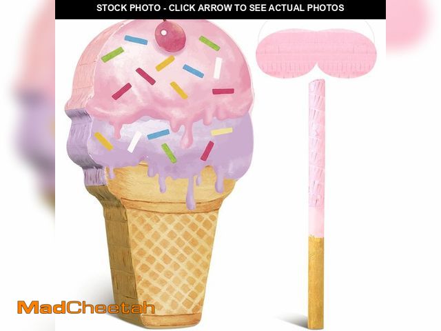Lot 74-14207159 - Capoda Ice Cream PiÃÂ±ata 15.8" x 9.5" Pink Dessert Cone Shaped PiÃÂ±ata with Stick Blindfold for ...