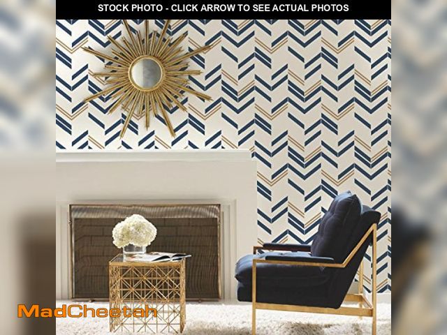 Lot 74-12096444 - RoomMates RMK9002WP Blue and Metallic Gold Chevron Stripe Peel and Stick Wallpaper, 20.5" x 16.5 fee...