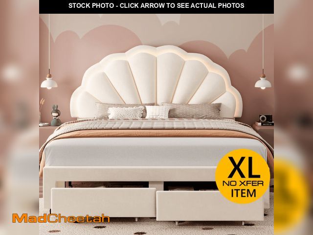 Lot 74-13764524 - Homfa Full Size LED Bed Frame with Drawer, Velvet Upholstered Platform Full Bed with Adjustable Peta...