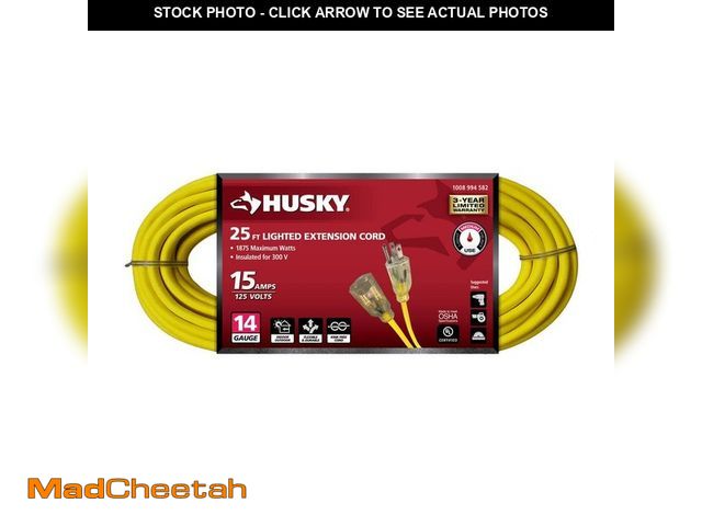 Lot 74-14613724 - Husky 25 ft. 14/3 Medium Duty Indoor/Outdoor Extension Cord with Lighted End, Yellow 73025HY - UNUSE...