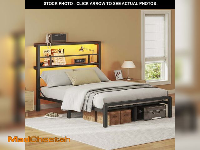 Lot 74-12765824 - HOMSHADE Full Size Bed Frame with 49.2-Inch LED High Headboard and 2-Tier Storage, Metal Platform Be...