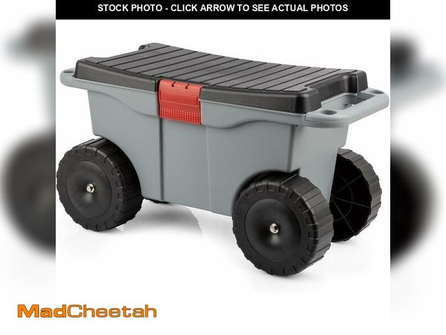 Lot 74-12665246 - Pure Garden Rolling Garden Cart with Seat - Plastic Storage with Bench and Interior Tool Tray - Gard...