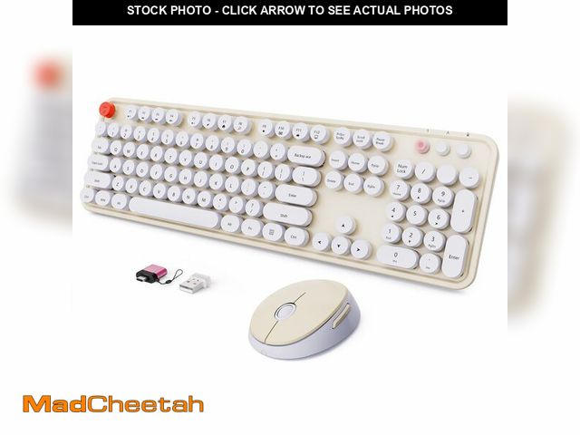 Lot 74-12718927 - Wireless Keyboard and Mouse Combo, Ergonomic Full Size Typewriter Retro Round Keycaps Keyboard, Comp...