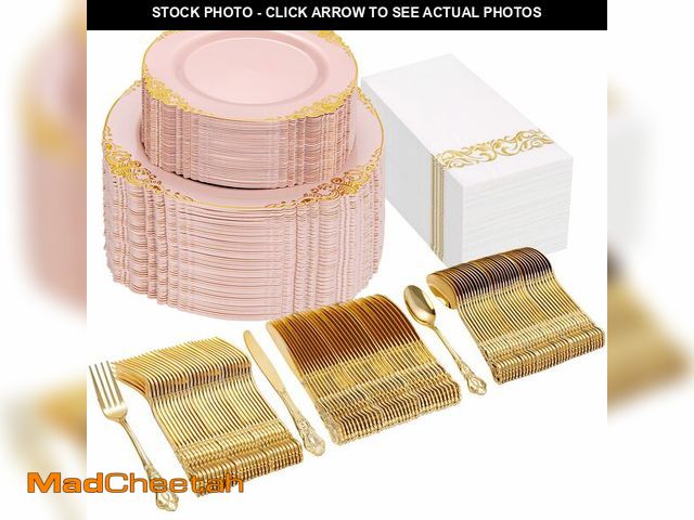 Lot 74-12451977 - Ciaell 300PCS Pink and Gold Plastic Plates - Pink Disposable Dinnerware Sets for 50 Guests - 100 Pla...