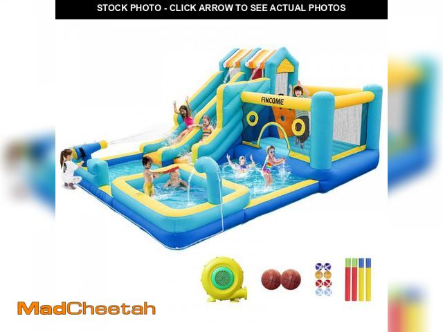 Lot 74-12082842 - (MISSING BLOWER,TUBING FOR WATER) FINCOME Inflatable Bounce House, 10 in 1 Double Water Slide Bounce...