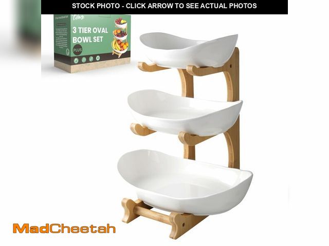 Lot 74-13995901 - Seven Sparta 3 Tier Fruit Bowl for Kitchen Counter (PLUS Series) / Ceramic Serving Bowls with Bamboo...