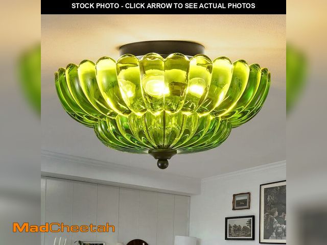 Lot 74-14384931 - Semi Flush Mount Ceiling Light, Green Glass Ceiling Light Fixture, 3-Bulb Modern Black Close to Ceil...