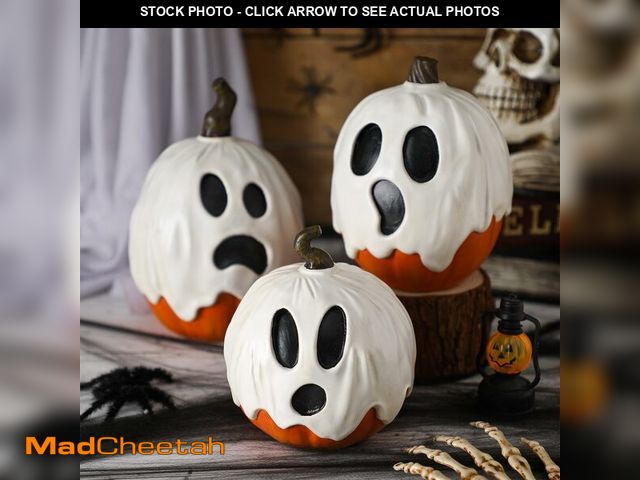 Lot 74-12701378 - Halloscume 3 Pcs Halloween Ghost Pumpkins Figurines Table Decorations 5.91" 3.94" and 5.12" Resin Pu...